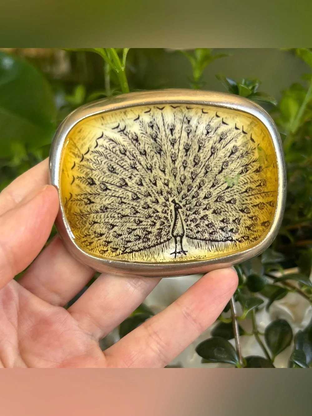 Vintage Peacock Motif Belt Buckle Yellow and Silver